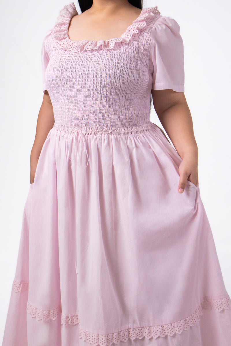 Lily Smocked Lace Trim Cotton Midi in Pink