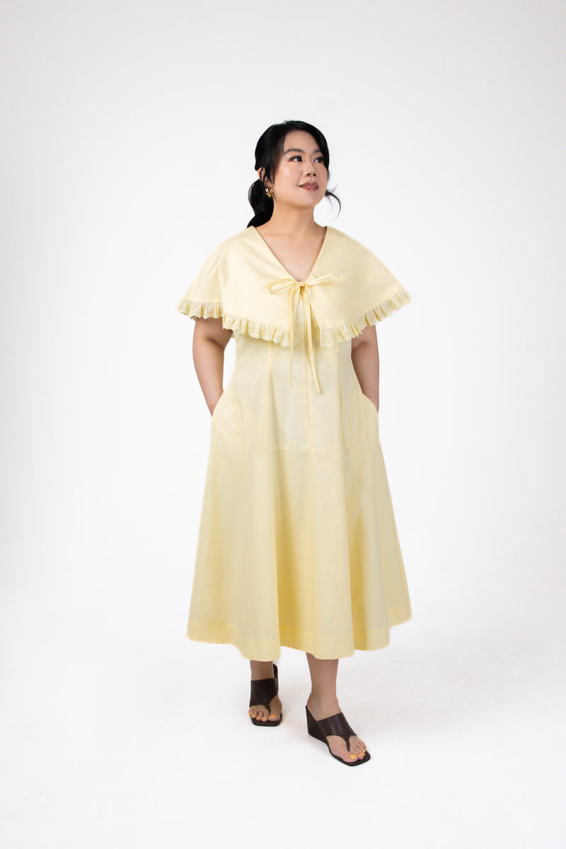 Evelyn Capelet Poplin Midi Dress in Butter