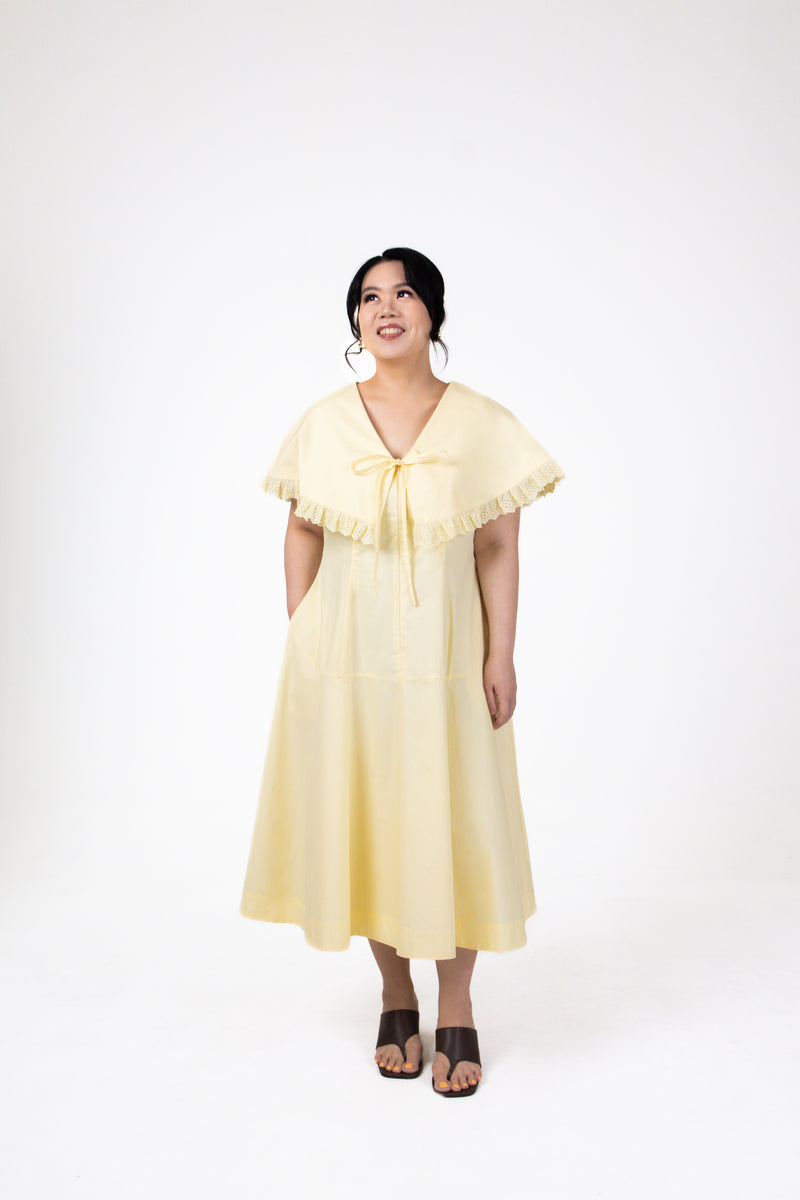 Evelyn Capelet Poplin Midi Dress in Butter