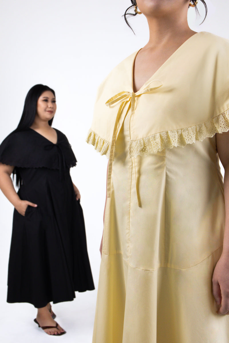 Evelyn Capelet Poplin Midi Dress in Black