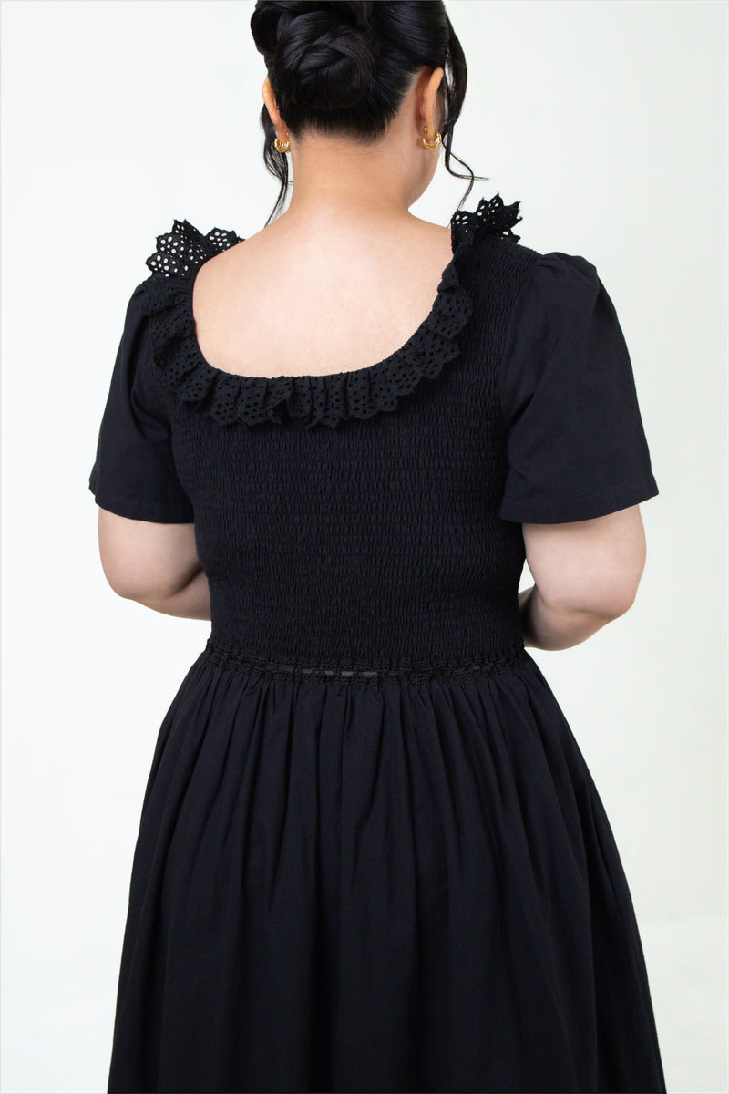 Lily Smocked Lace Trim Cotton Midi in Black