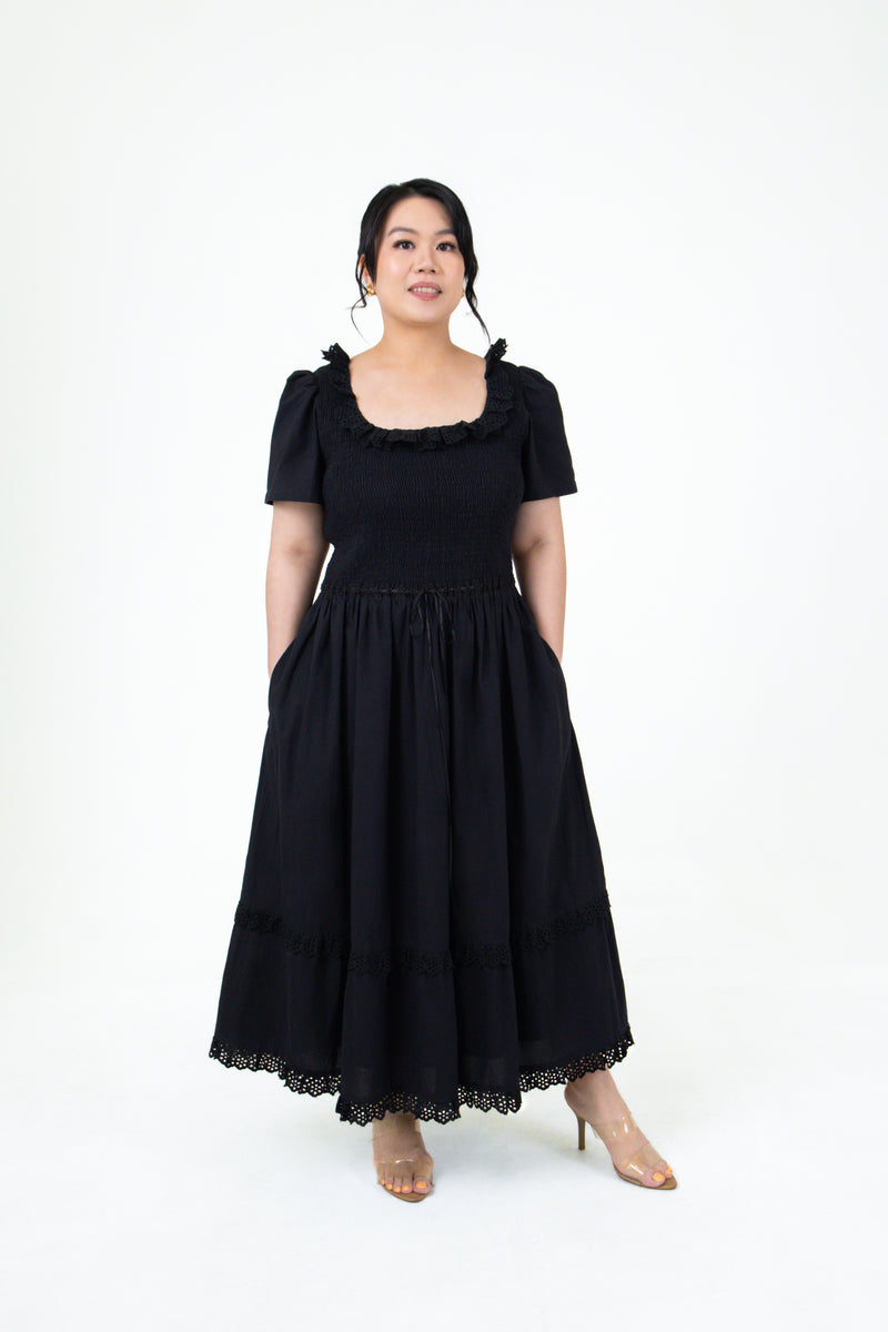 Lily Smocked Lace Trim Cotton Midi in Black