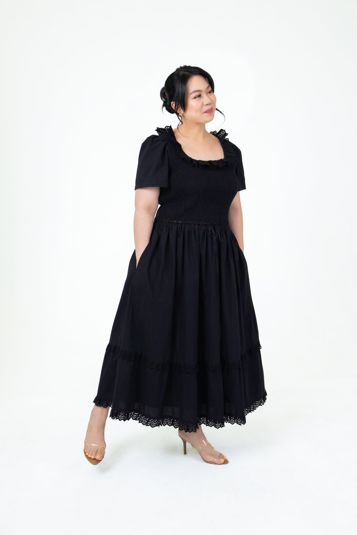 Lily Smocked Lace Trim Cotton Midi