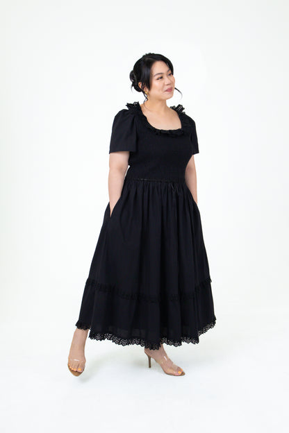 Lily Smocked Lace Trim Cotton Midi
