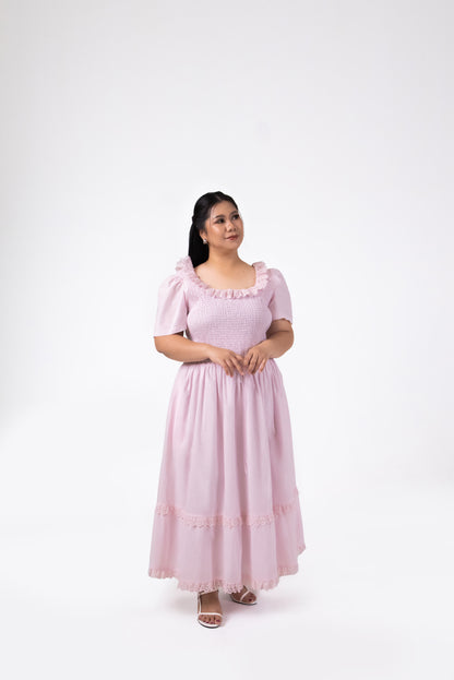 Lily Smocked Lace Trim Cotton Midi