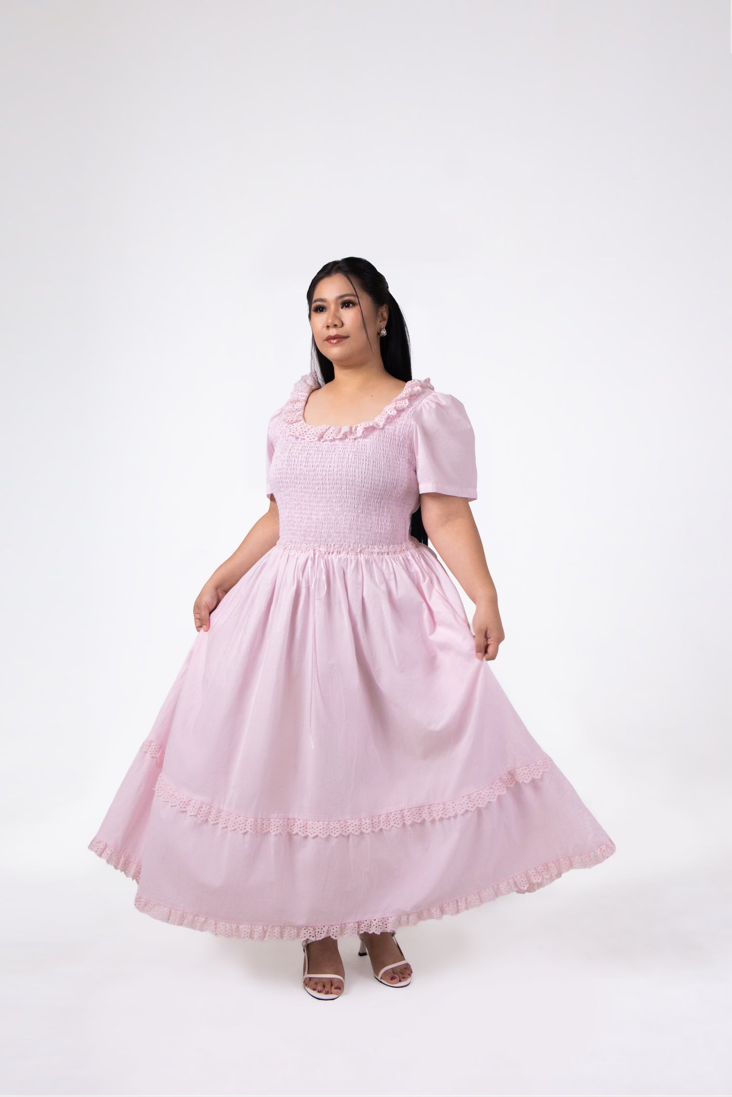 Lily Smocked Lace Trim Cotton Midi